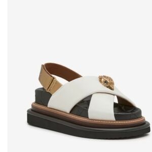 Kurt Geiger White and Tan Cross-Strap Platform Sandals with Gold Accent